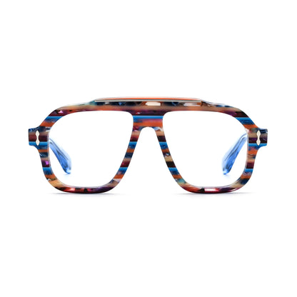 Barledear Prism Blue Mosaic square aviator acetate eyeglasses front view with blue red orange and cream striped frame and silver-tone brow bar