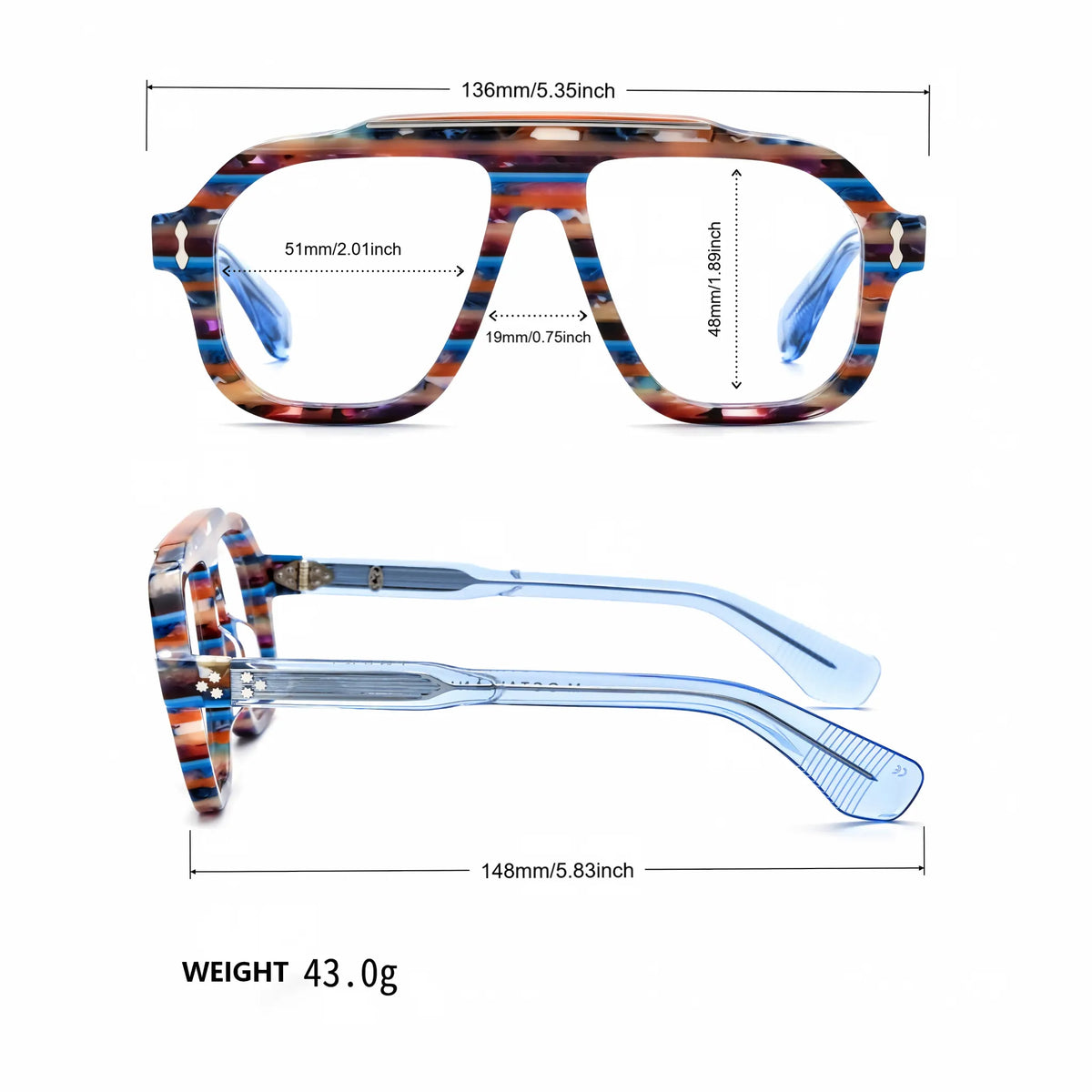 Barledear Prism Blue Mosaic eyeglasses size chart showing 136 mm frame width, 51 mm lens width, 48 mm lens height, 19 mm bridge, 148 mm temple length and 43 g weight