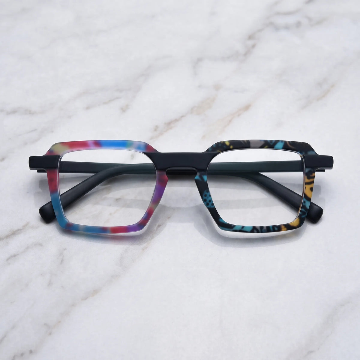 Barledear Prism Mosaic Noir eyeglasses folded display showing the multicolor frame and black temples