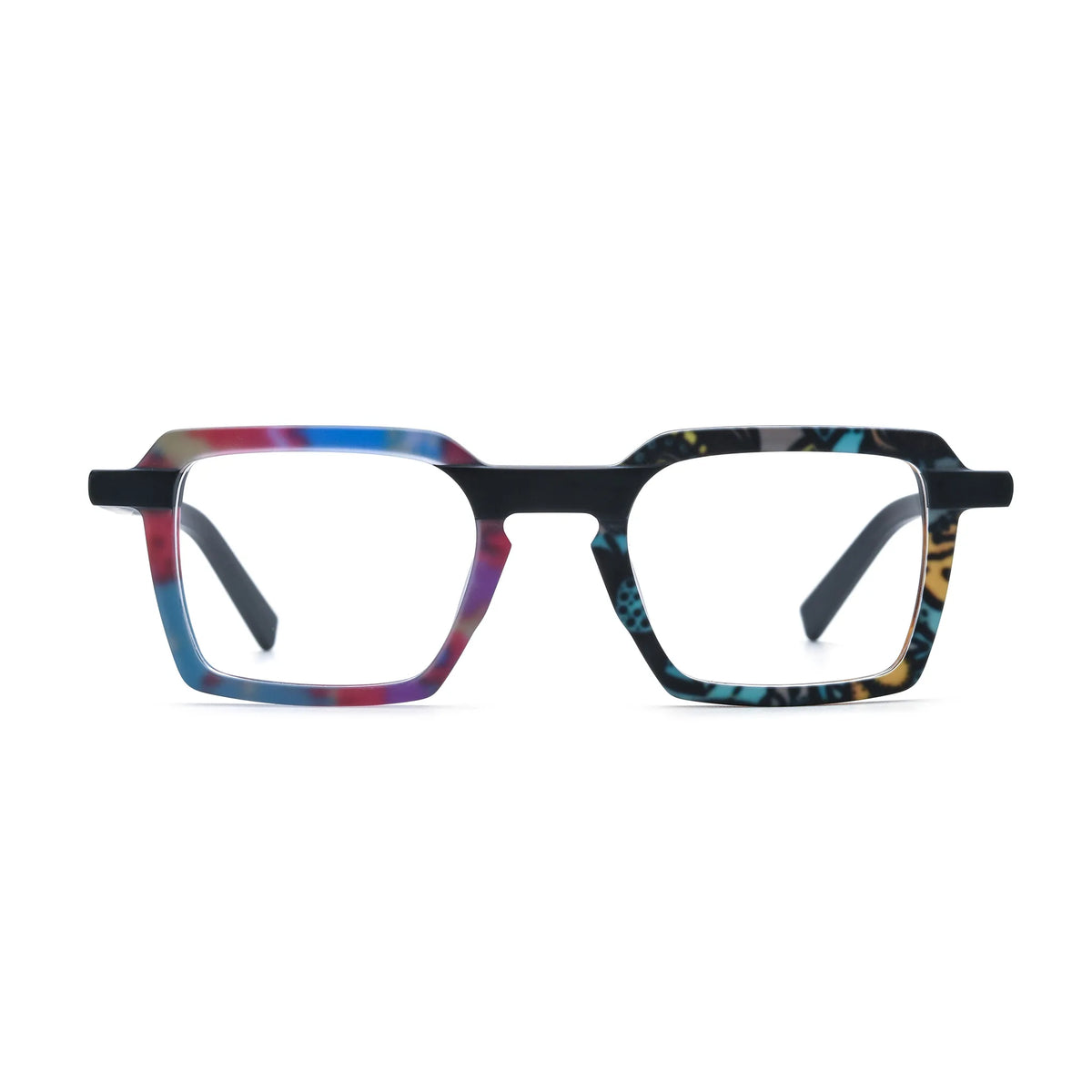 Barledear Prism Mosaic Noir square eyeglasses front view with multicolor patchwork acetate detailing