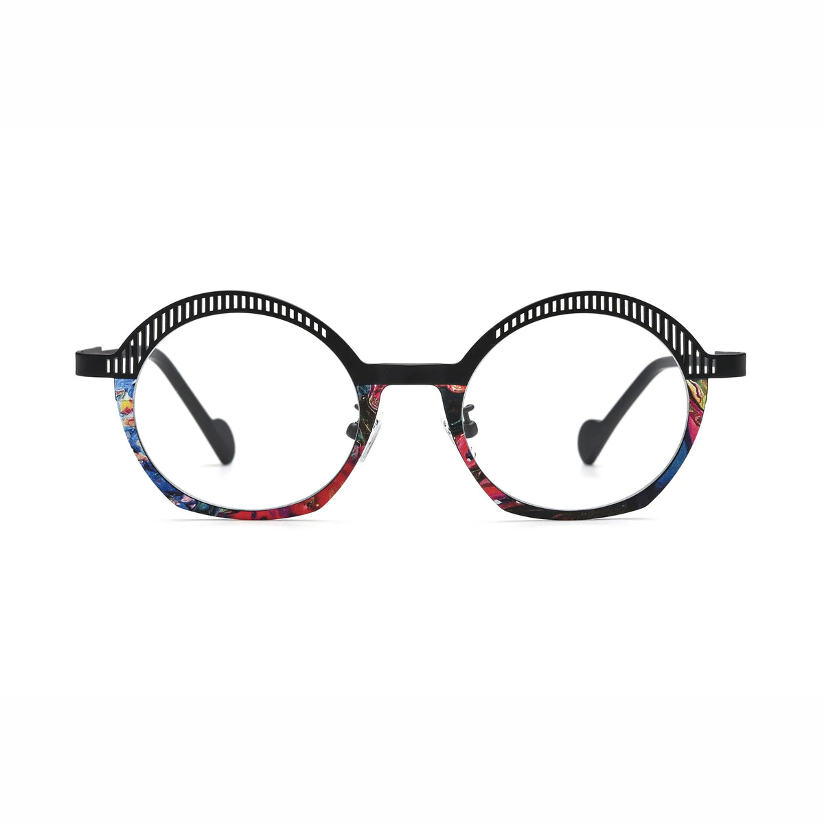 Barledear Prism Noir eyeglasses front view with lightweight black titanium frame and colorful mosaic lower rim accents