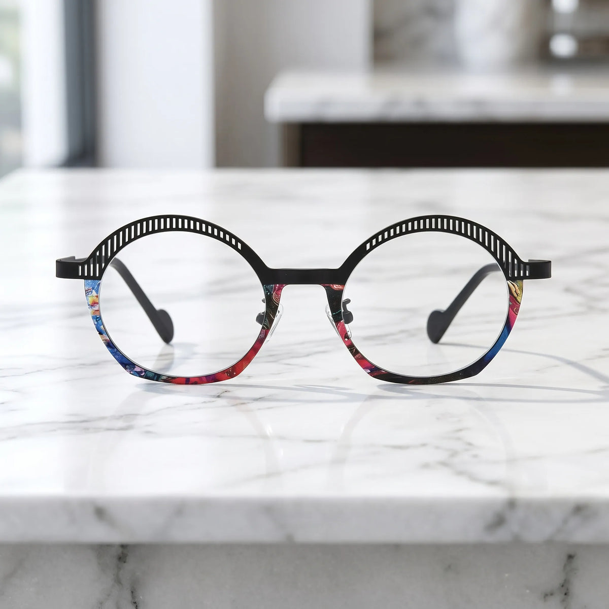 Barledear Prism Noir eyeglasses shown in a clean lifestyle front view with black slotted browline and bold colorful lower rim detail