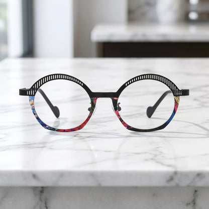 Barledear Prism Noir eyeglasses shown in a clean lifestyle front view with black slotted browline and bold colorful lower rim detail