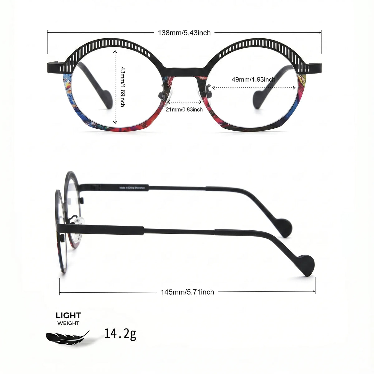 Barledear Prism Noir eyeglasses size chart showing 138 mm frame width, 49 mm lens width, 43 mm lens height, 21 mm bridge, and 145 mm temple length