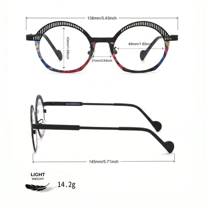 Barledear Prism Noir eyeglasses size chart showing 138 mm frame width, 49 mm lens width, 43 mm lens height, 21 mm bridge, and 145 mm temple length