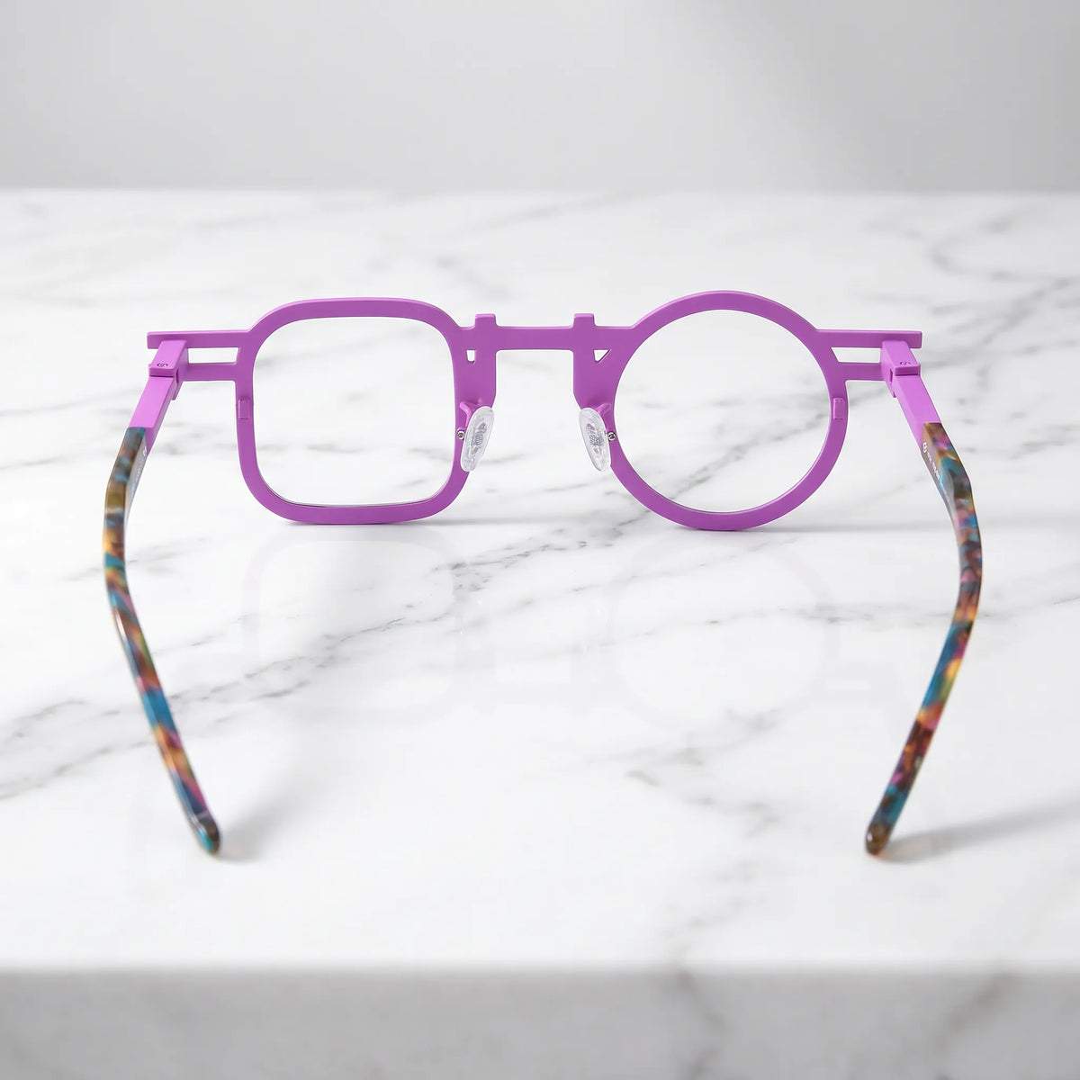 Barledear Prism Violet eyeglasses back view showing temple shape, bridge detail, and full-rim frame structure
