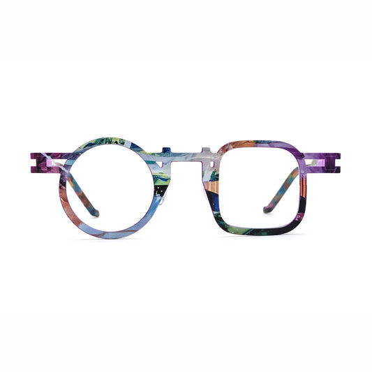 Barledear Prism Violet eyeglasses front view with asymmetric round-square pure titanium full-rim frame