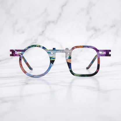 Barledear Prism Violet eyeglasses shown in a clean lifestyle front view with artistic geometric frame detail