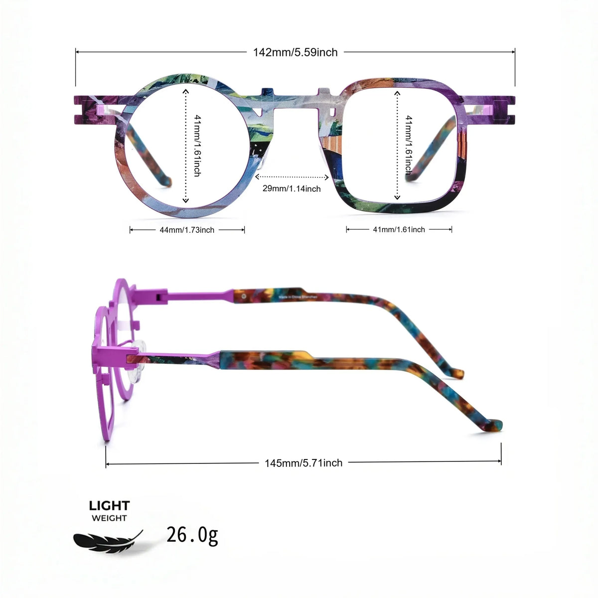 Barledear Prism Violet eyeglasses size chart showing 142mm frame width, 44mm left lens width, 41mm right lens width, 41mm lens height, 29mm bridge, and 145mm temple