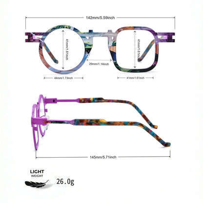 Barledear Prism Violet eyeglasses size chart showing 142mm frame width, 44mm left lens width, 41mm right lens width, 41mm lens height, 29mm bridge, and 145mm temple
