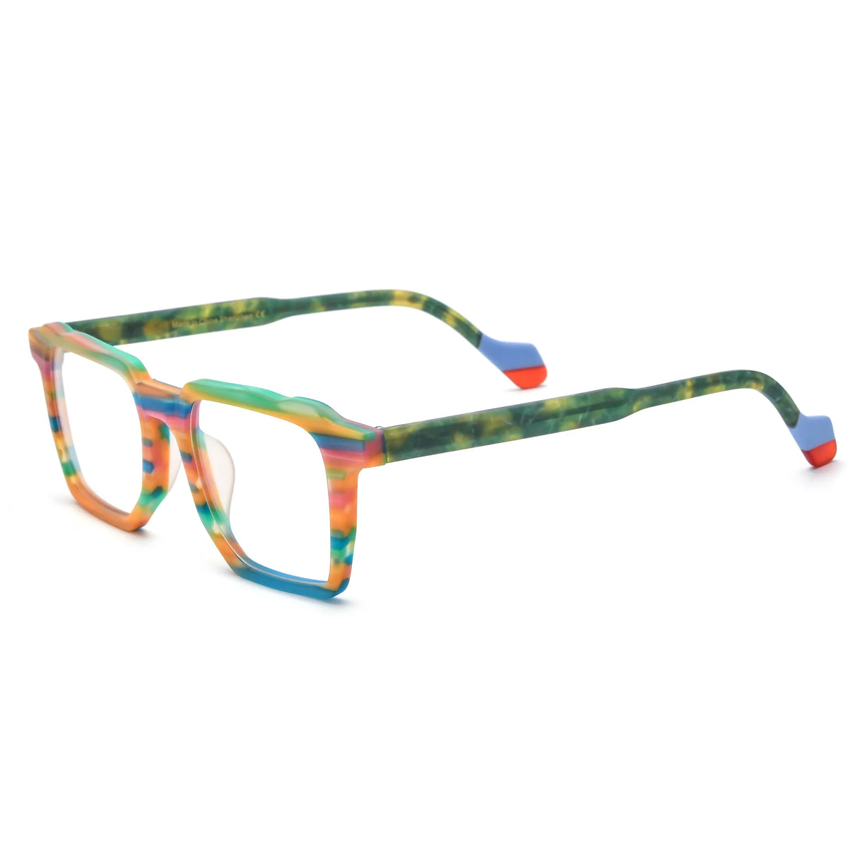 Barledear Rainbow Horizon eyeglasses angled side view showing green patterned temples and colorful temple tips