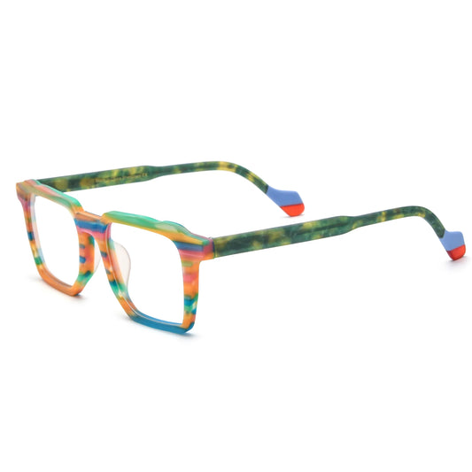 Barledear Rainbow Horizon eyeglasses angled side view showing green patterned temples and colorful temple tips