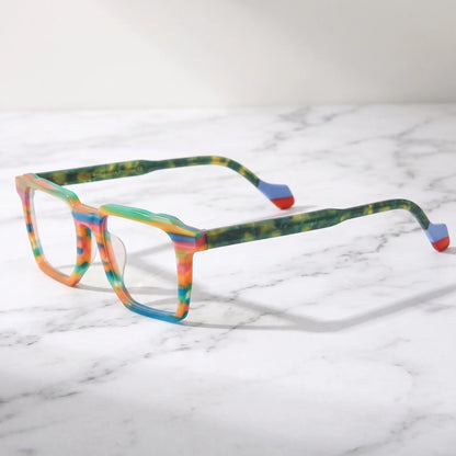 Barledear Rainbow Horizon eyeglasses angled side view showing green patterned temples and colorful temple tips