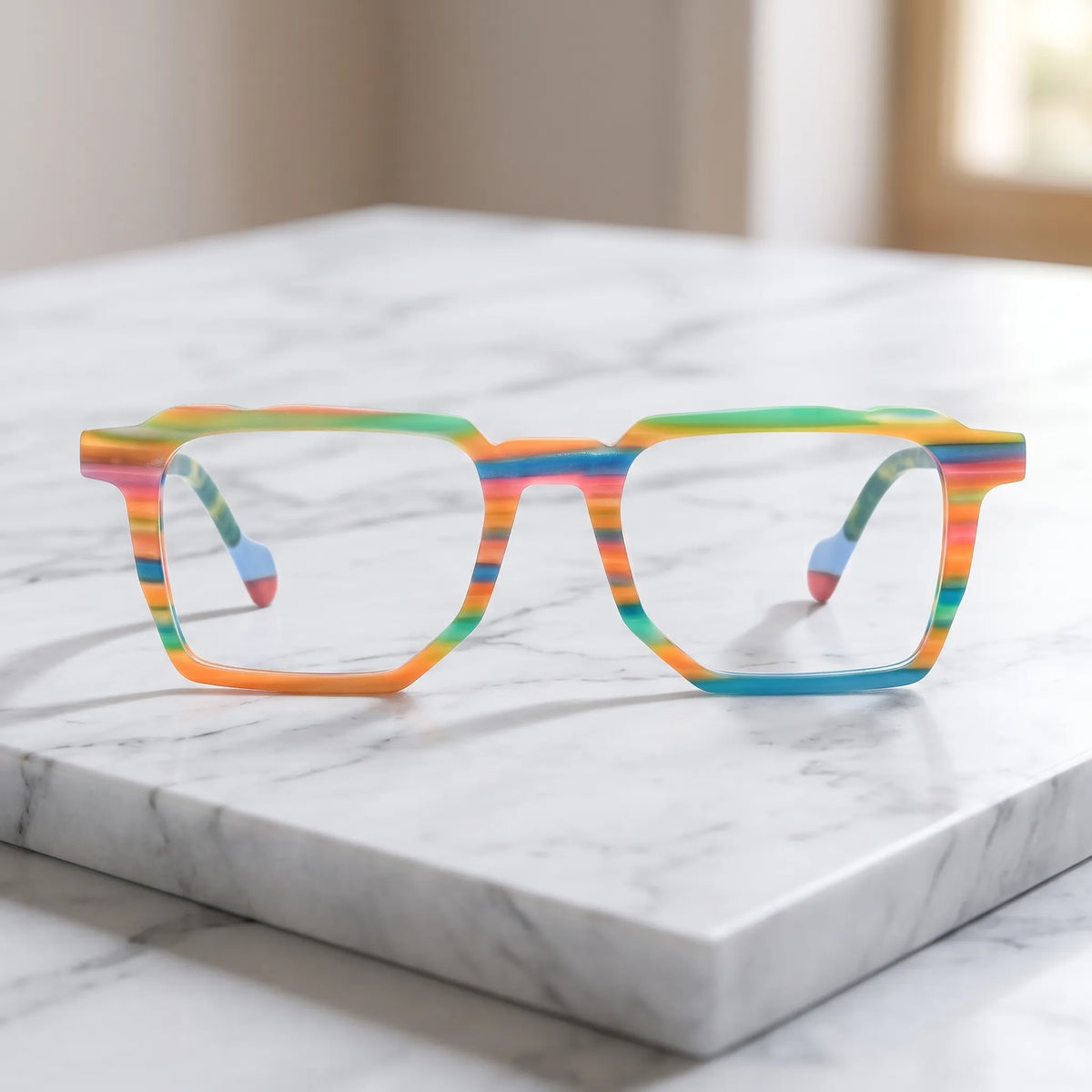 Barledear Rainbow Horizon eyeglasses shown in a clean lifestyle setting with a colorful geometric square frame