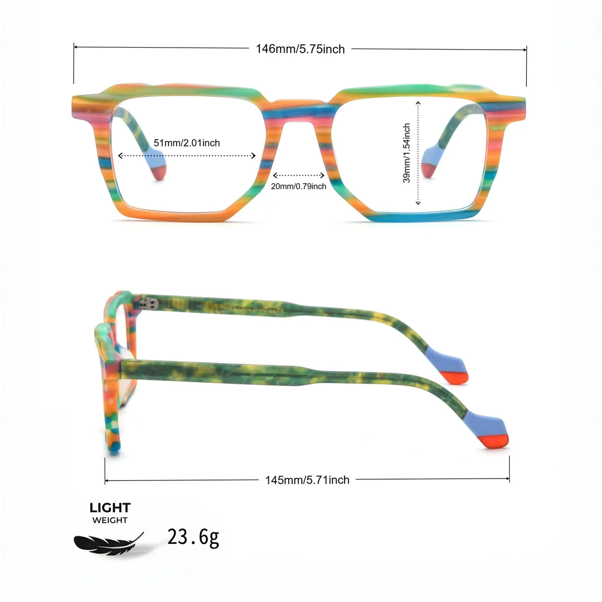 Barledear Rainbow Horizon eyeglasses size chart with 146 mm frame width 51 mm lenses 20 mm bridge and 145 mm temples