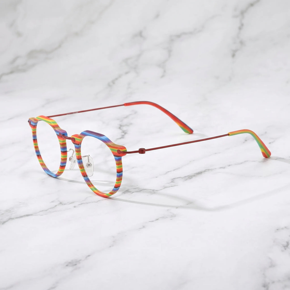 Barledear Rainbow Stripe eyeglasses angled side view showing slim wire temples adjustable nose pads and bridge detail
