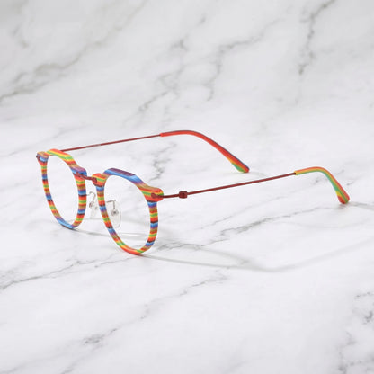 Barledear Rainbow Stripe eyeglasses angled side view showing slim wire temples adjustable nose pads and bridge detail