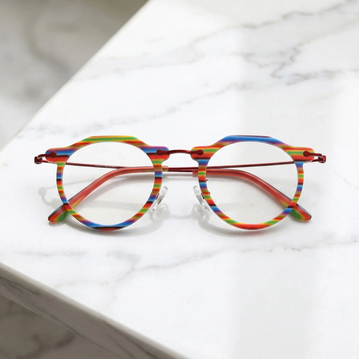 Barledear Rainbow Stripe eyeglasses folded display showing acetate front slim metal temples and acetate temple tips