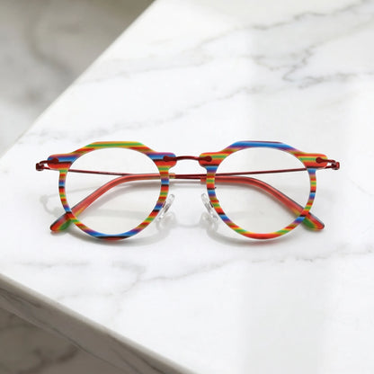Barledear Rainbow Stripe eyeglasses folded display showing acetate front slim metal temples and acetate temple tips