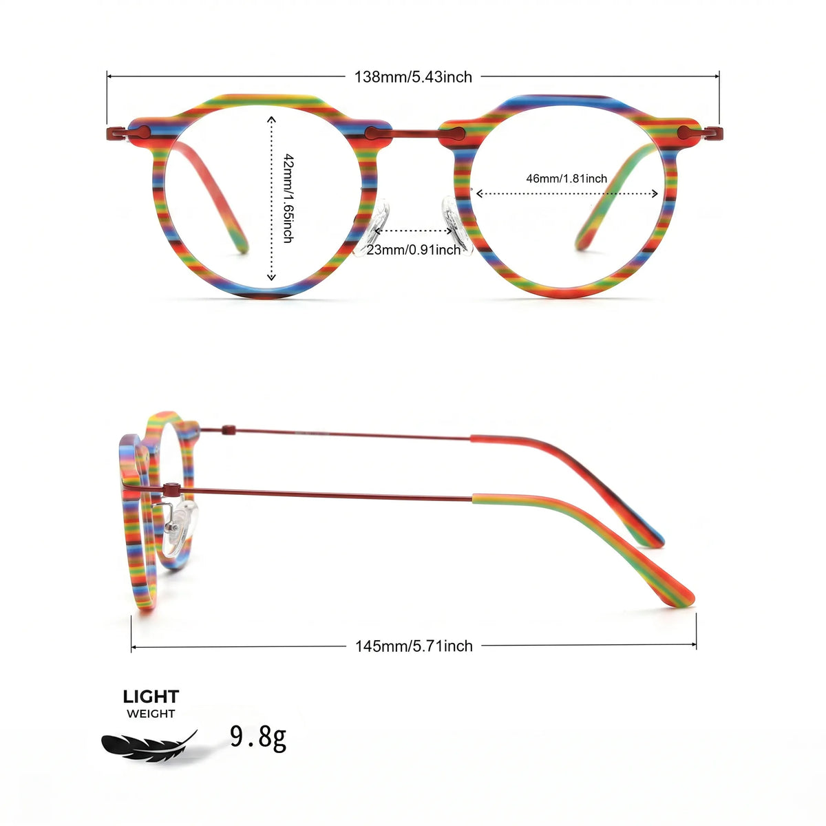 Barledear Rainbow Stripe eyeglasses size chart with 138mm frame width 46mm lens width 42mm lens height 23mm bridge and 145mm temple measurements
