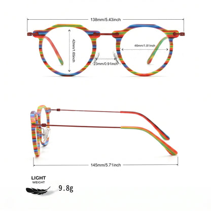 Barledear Rainbow Stripe eyeglasses size chart with 138mm frame width 46mm lens width 42mm lens height 23mm bridge and 145mm temple measurements