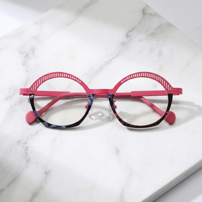 Barledear Rose Mosaic eyeglasses folded display showing slim pink titanium temples, soft temple tips, and clear adjustable nose pads