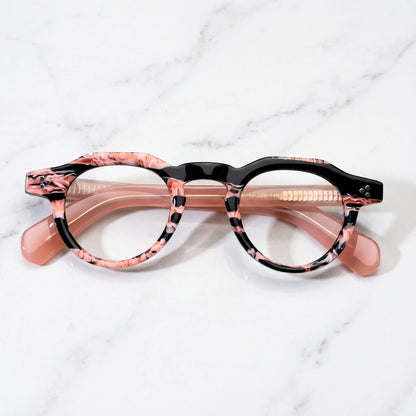 Barledear Rose Mosaic retro geometric acetate eyeglasses showing the mosaic-patterned front and translucent rose temples
