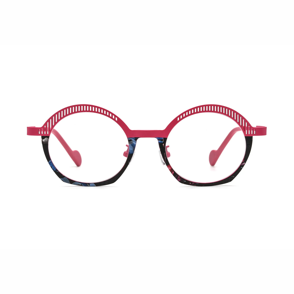 Barledear Rose Mosaic eyeglasses front view with lightweight pink titanium geometric oval full-rim frame and colorful lower rim accents