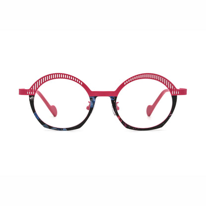 Barledear Rose Mosaic eyeglasses front view with lightweight pink titanium geometric oval full-rim frame and colorful lower rim accents