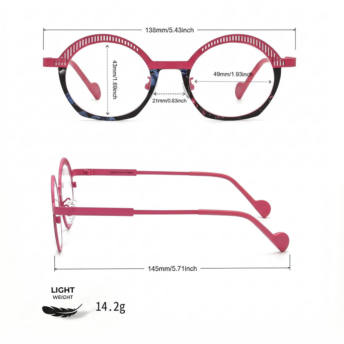 Barledear Rose Mosaic eyeglasses size chart showing 138 mm frame width, 49 mm lens width, 43 mm lens height, 21 mm bridge, and 145 mm temple length
