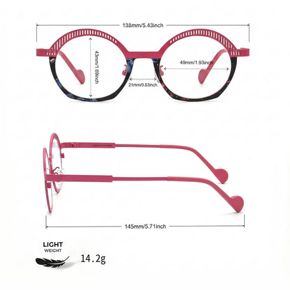 Barledear Rose Mosaic eyeglasses size chart showing 138 mm frame width, 49 mm lens width, 43 mm lens height, 21 mm bridge, and 145 mm temple length