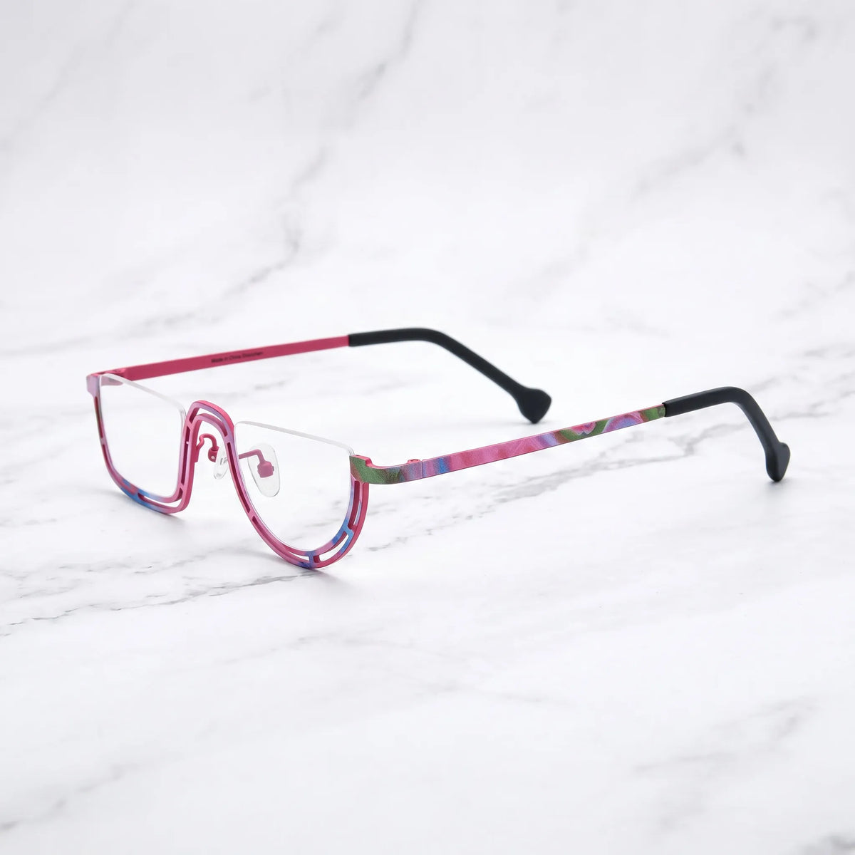 Barledear Rose Mosaic Pink eyeglasses angled side view showing patterned titanium temples and bridge detail
