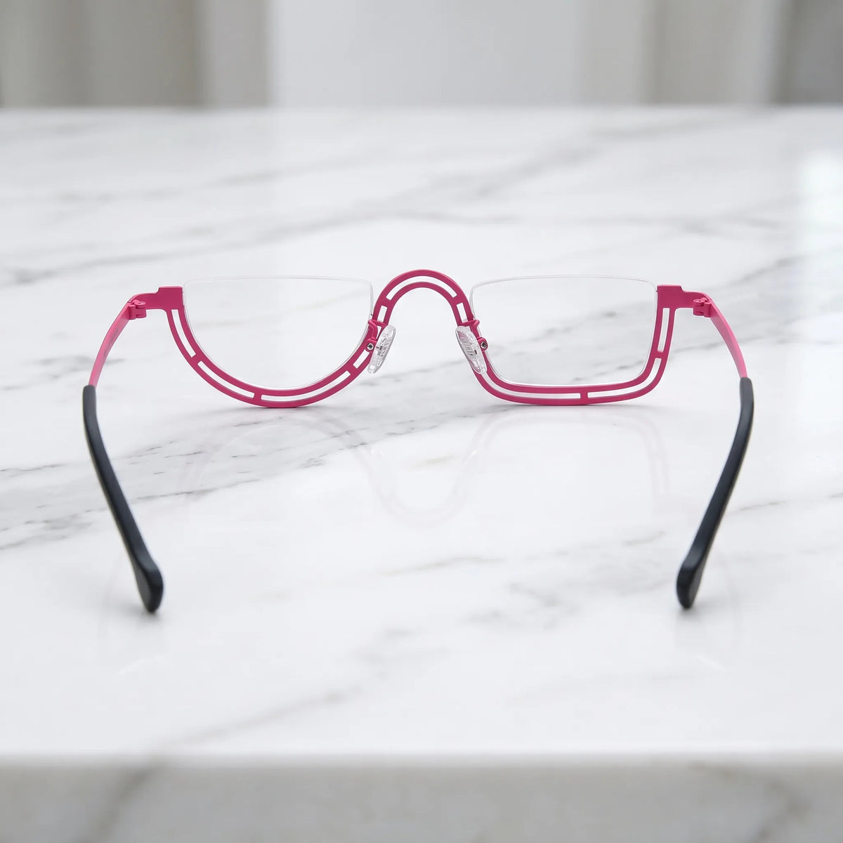 Barledear Rose Mosaic Pink eyeglasses back view showing temple shape and semi-rim frame structure