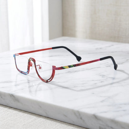 Barledear Scarlet Mosaic Red eyeglasses angled side view showing patterned titanium temples and bridge detail