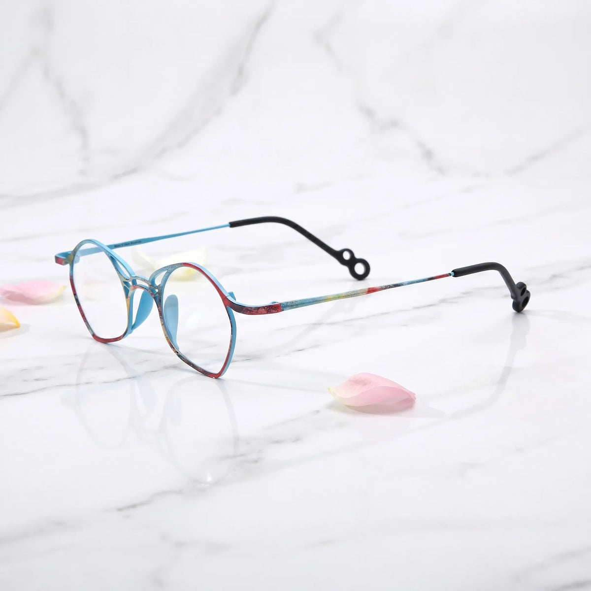 Barledear Skyline Patchwork Blue eyeglasses angled side view showing slim temples and bridge detail