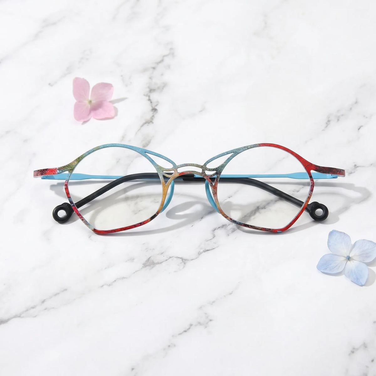 Barledear Skyline Patchwork Blue eyeglasses folded display showing frame and temple design