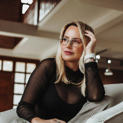 Model wearing Barledear Skyline Patchwork Blue eyeglasses in a lifestyle portrait