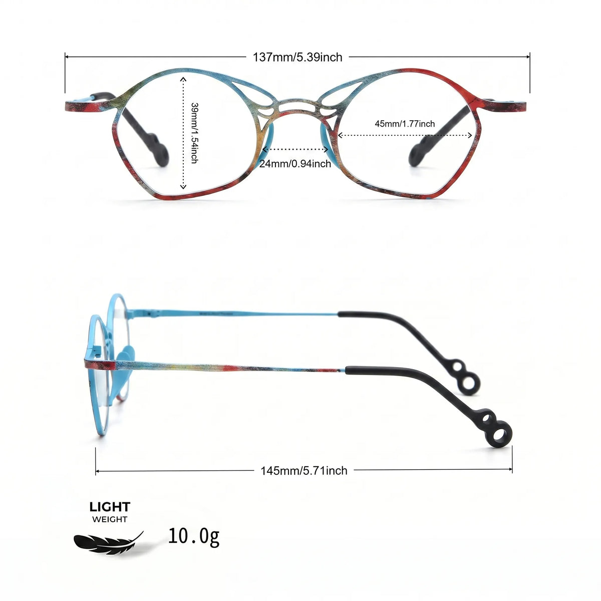 Barledear Skyline Patchwork Blue eyeglasses size chart with frame width lens width bridge and temple measurements