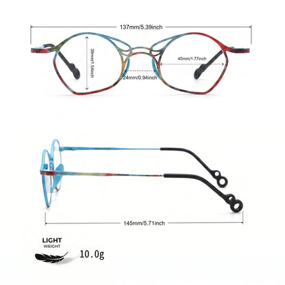 Barledear Skyline Patchwork Blue eyeglasses size chart with frame width lens width bridge and temple measurements