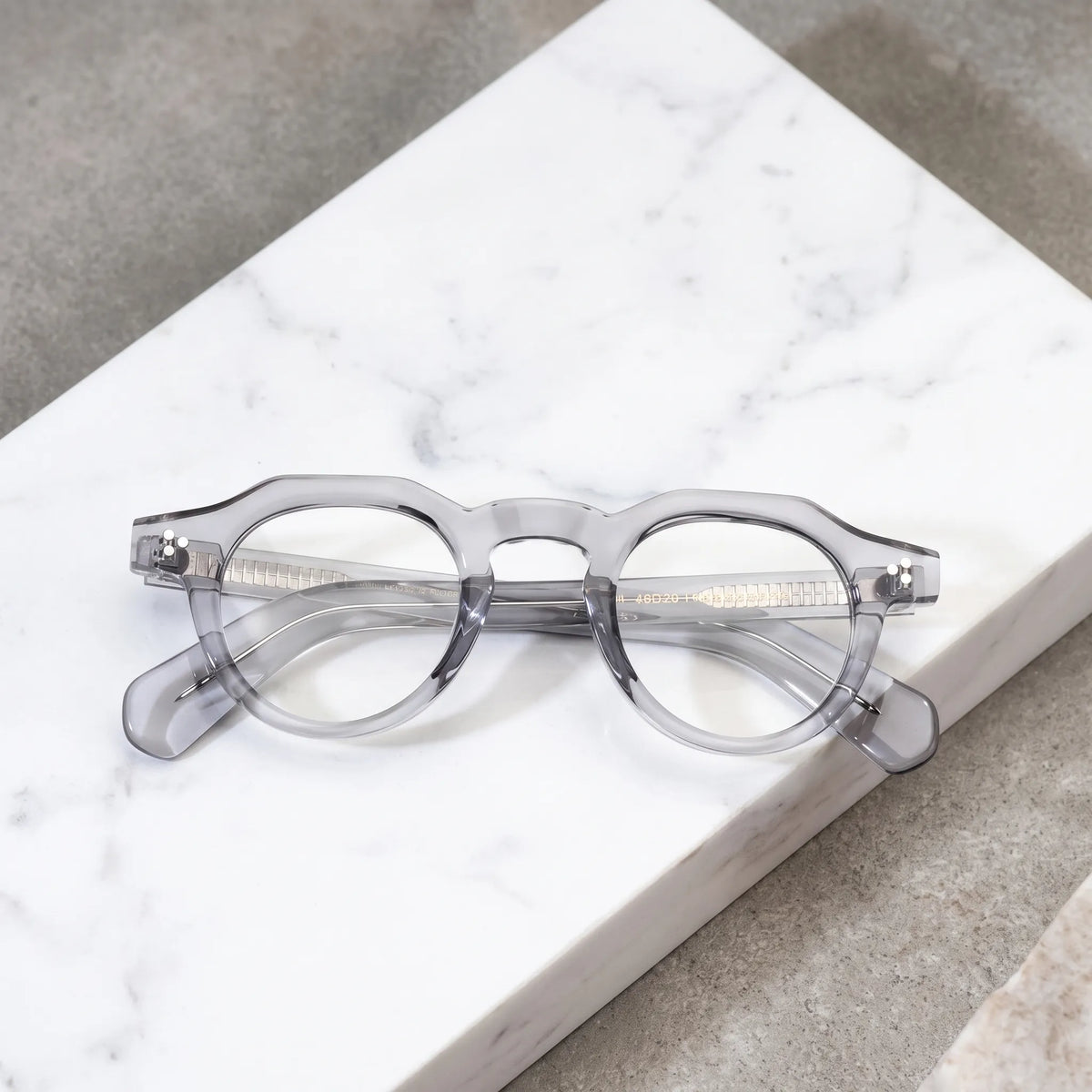 Barledear Smoke Crystal retro geometric acetate eyeglasses showing translucent temples and visible embedded temple cores