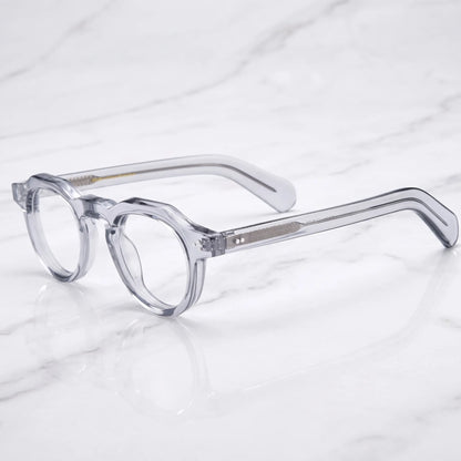 Barledear Smoke Crystal retro geometric acetate eyeglasses showing the keyhole bridge, rivet accents, and translucent temple construction