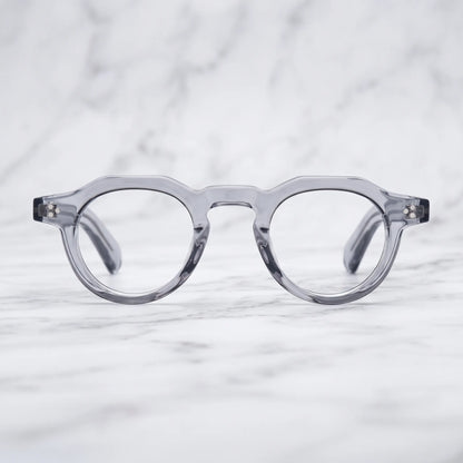 Barledear Smoke Crystal retro geometric acetate eyeglasses showing the smoke-gray acetate frame in a clean lifestyle setting