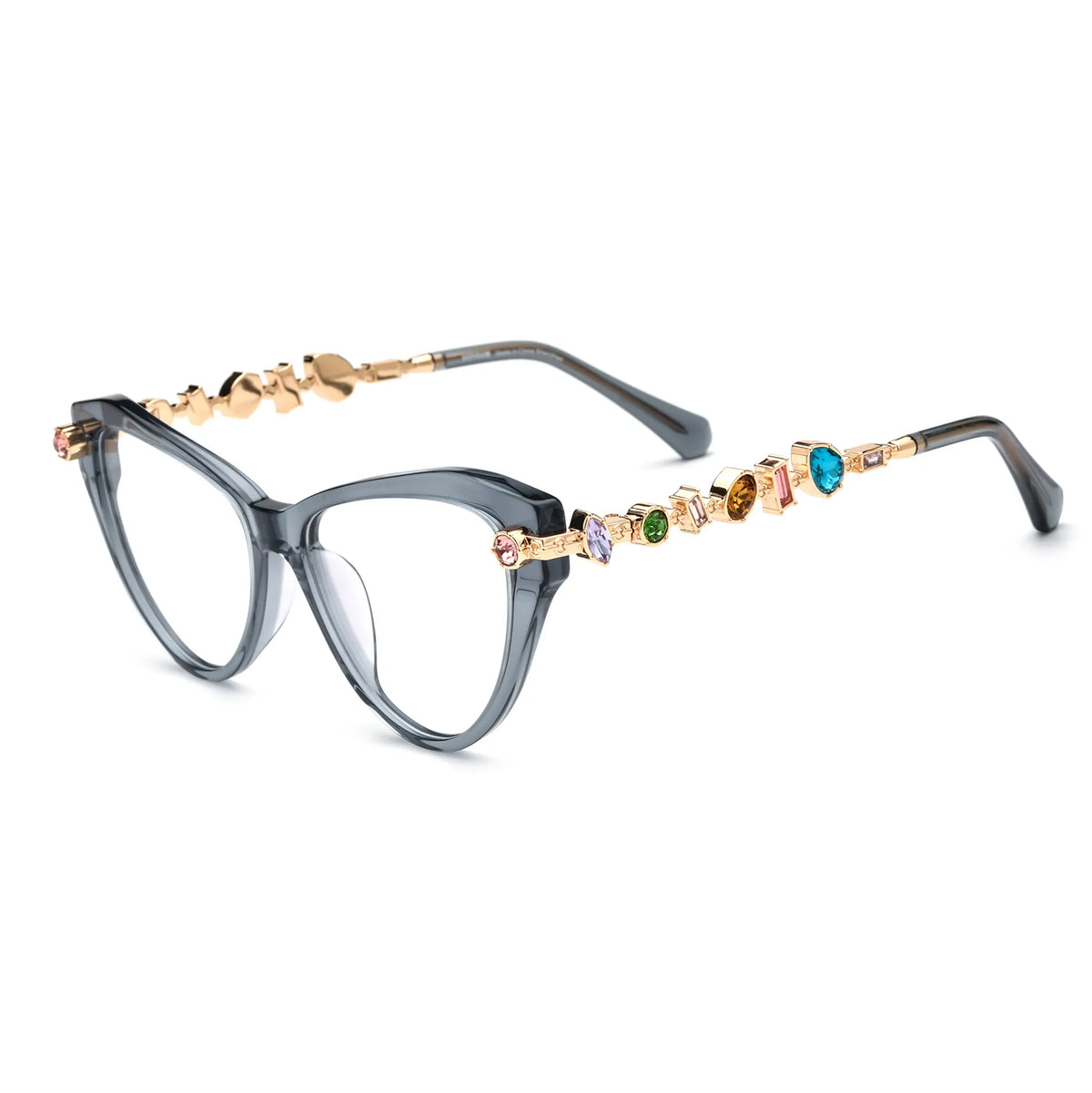 Barledear Smoke Quartz eyeglasses angled side view highlighting multicolor geometric crystal accents along the gold-tone temples