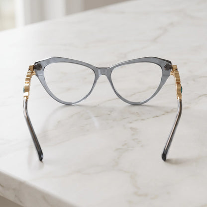 Barledear Smoke Quartz eyeglasses back view showing the full-rim cat-eye structure, molded nose pads, and smoky acetate temple tips