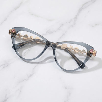 Barledear Smoke Quartz eyeglasses folded display showing the polished gray acetate front, integrated nose bridge, and decorative metal temples