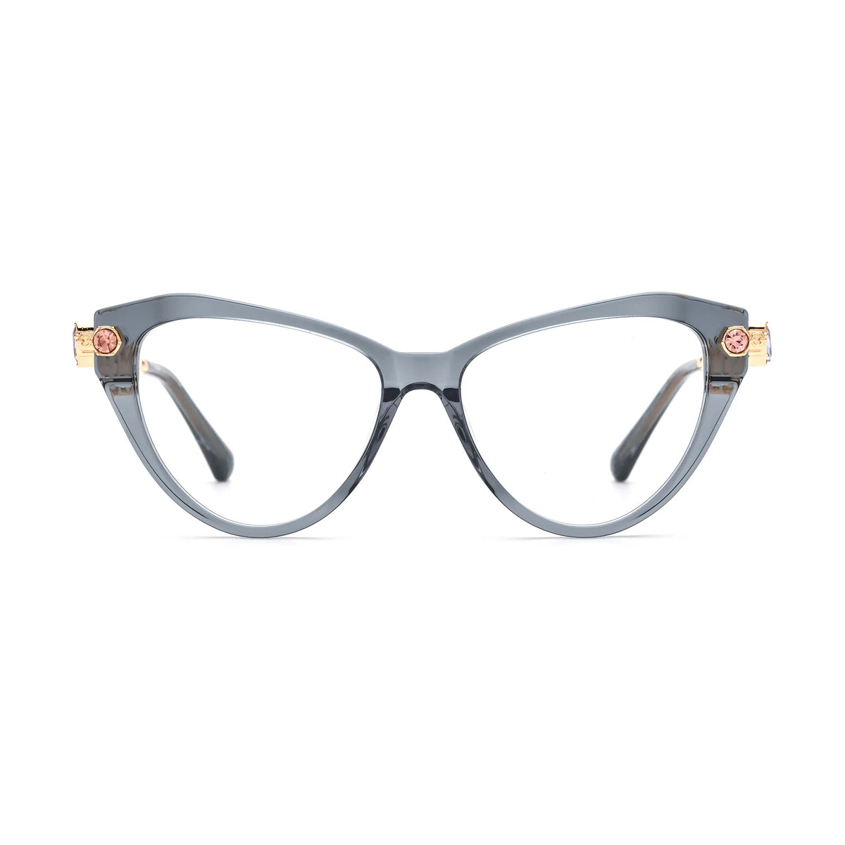 Barledear Smoke Quartz geometric cat-eye eyeglasses front view with a translucent smoky gray acetate frame and gold-tone jeweled temples