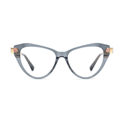 Barledear Smoke Quartz geometric cat-eye eyeglasses front view with a translucent smoky gray acetate frame and gold-tone jeweled temples