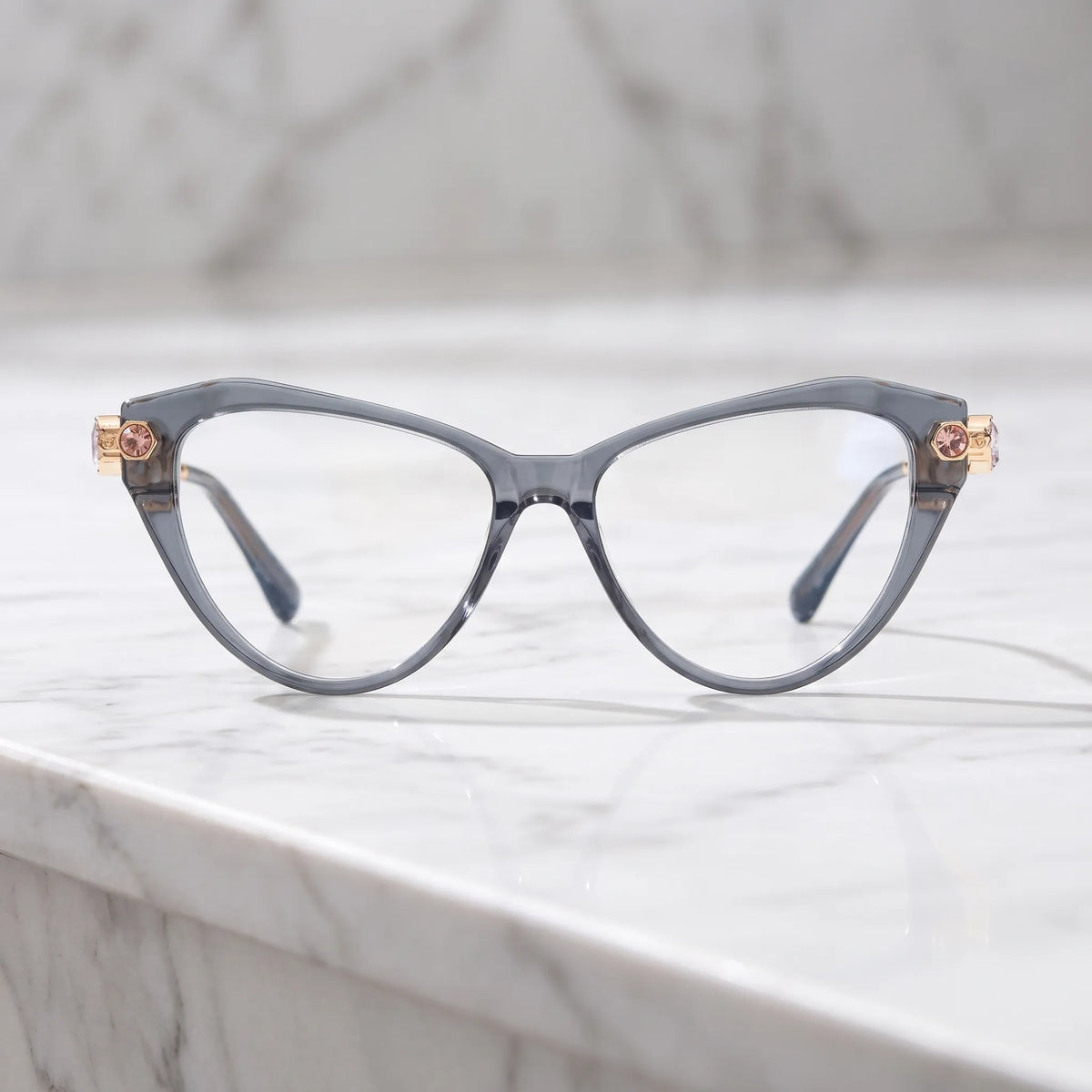 Barledear Smoke Quartz cat-eye eyeglasses shown in a clean lifestyle front display with multicolor crystal-accent temples
