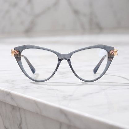 Barledear Smoke Quartz cat-eye eyeglasses shown in a clean lifestyle front display with multicolor crystal-accent temples