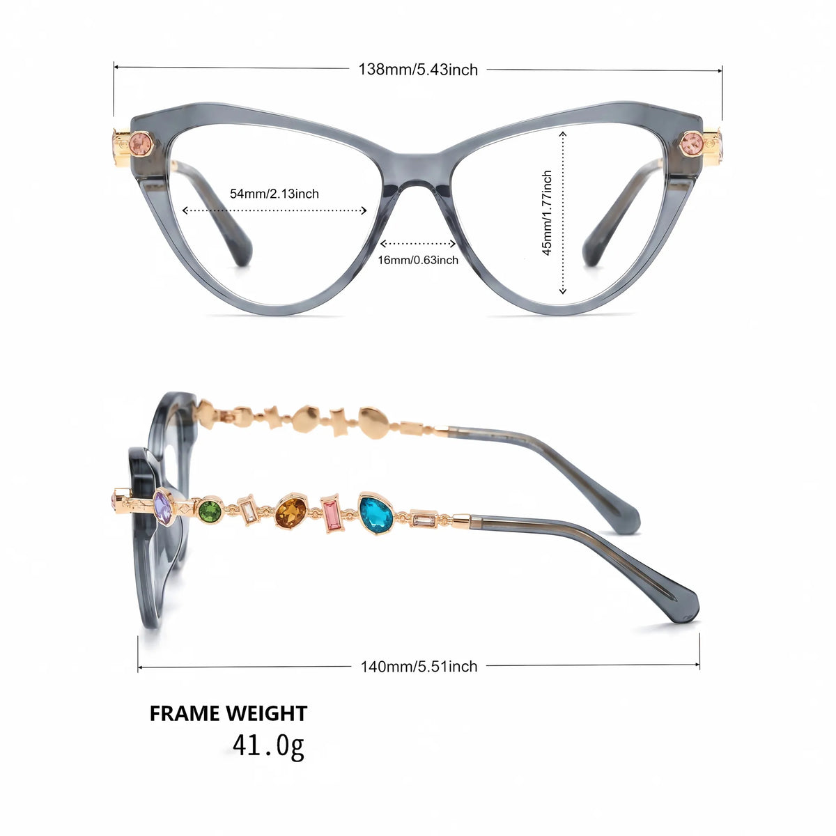 Barledear Smoke Quartz cat-eye eyeglasses size chart showing 138 mm frame width, 54 mm lens width, 45 mm lens height, 16 mm bridge, and 140 mm temples